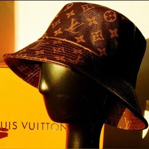 Louis Vuitton LV Brown Calf Skin Leather Monogram Jacquard Brown Bucket Hat